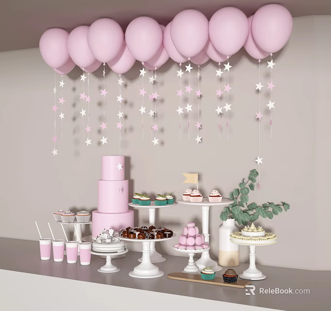 Decorative Ornaments Set with Pink Balloons Star Decorations Dessert Stands Layered Cake and Green Plants 3d model 
