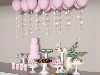 Decorative Ornaments Set with Pink Balloons Star Decorations Dessert Stands Layered Cake and Green Plants 3d model