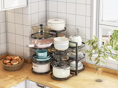 Kitchen Corner Multi Layer Shelf Organizing Pots Bowls Plates in White Kitchen with Wooden Countertop 3d model