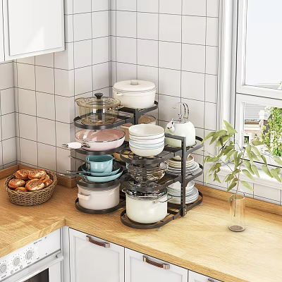 Kitchen Corner Multi Layer Shelf Organizing Pots Bowls Plates in White Kitchen with Wooden Countertop 3d model
