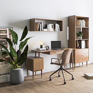 Nordic Style Desk and Chair Bookcase Combination Ornaments Plant Creative Desk and Chair Combination Bookcase 3d model