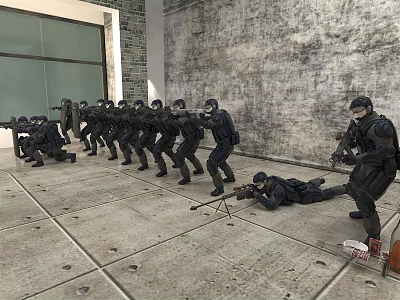 Men In Black Uniforms Training Indoors Crouching Standing Lying On Concrete Floor With Textured Walls 3d model