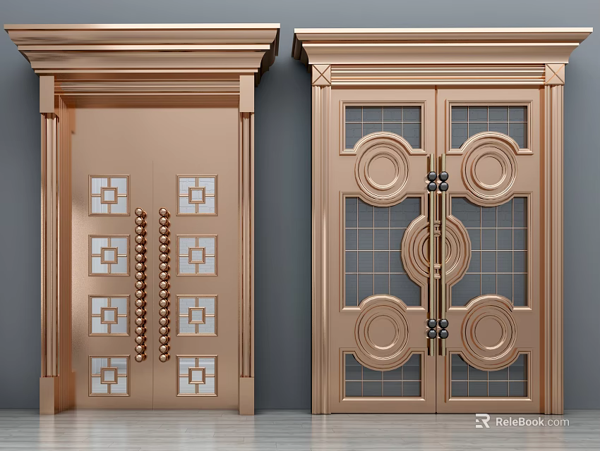 Golden Double Doors With Decorative Glass Panels And Ornate Frames 3d model 