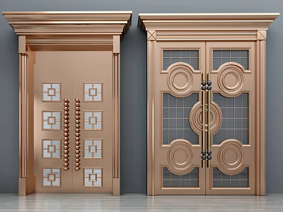 Golden Double Doors With Decorative Glass Panels And Ornate Frames 3d model