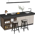 Modern Bar Counter with Gray Top Two Stools Pendant Light Floral Vase and Light Cabinets
