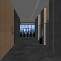 Modern Elevator Lobby With Marble Walls Wooden Paneling And Linear Ceiling Lights 3d model