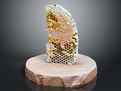 Natural Honeycomb Structure Placed On Round Stone Base With Golden Honey 3d model