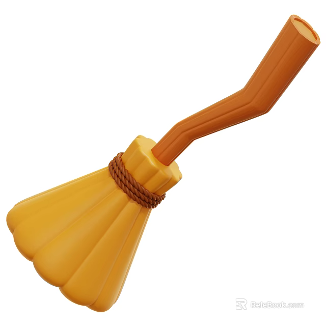 Yellow Broom With Orange Handle And Brown Woven Strap For Home Cleaning 3d model 