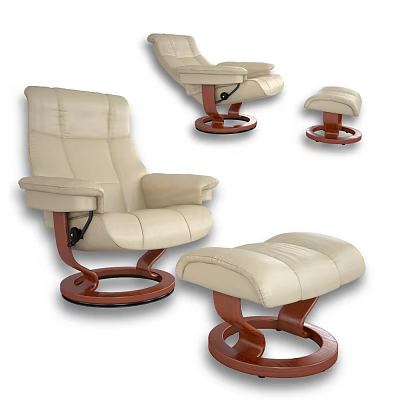 Comfortable Beige Leather Recliner Chair With Ottoman And Wooden Swivel Base 3d model