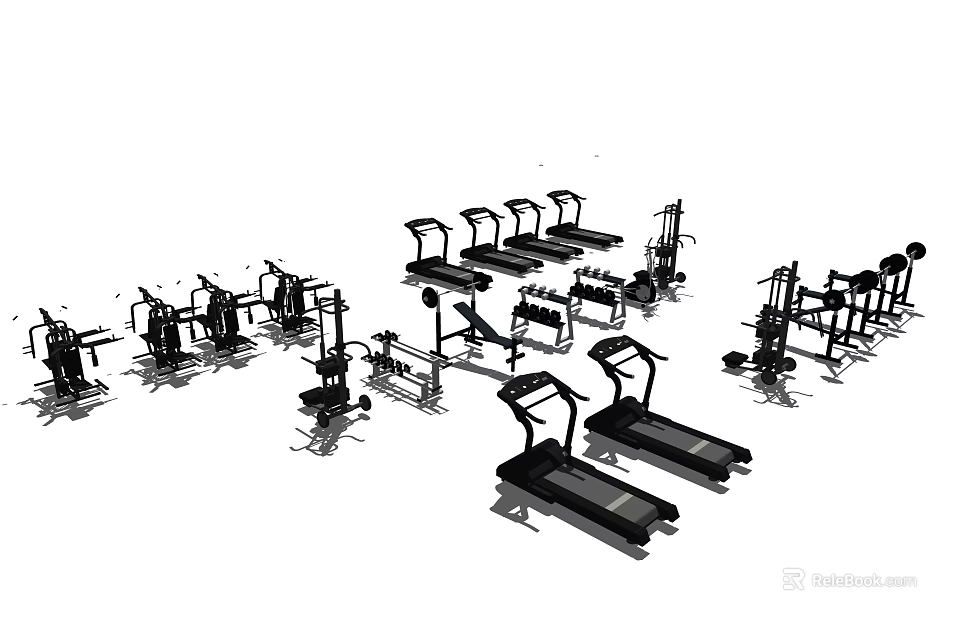 Comprehensive Fitness Equipment Collection Including Treadmills Dumbbells Barbells Benches For Home Gym 3d model 