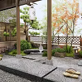 Japanese Courtyard Garden With Wooden Structure Latticed Fence Green Plants Stones Pebble Ground And Lanterns