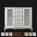 White Entryway Console Cabinet with Glass Doors Drawers and Ornate Metal Hardware