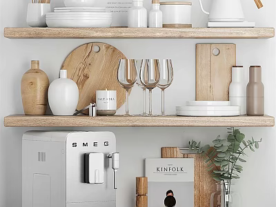 Minimalist Kitchen Shelves with Coffee Machine Wine Glasses Wooden Cutting Boards and Green Plant 3d model
