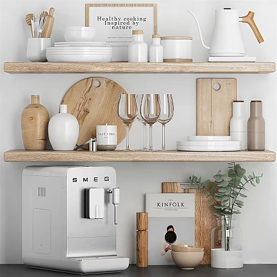 Minimalist Kitchen Shelves with Coffee Machine Wine Glasses Wooden Cutting Boards and Green Plant 3d model