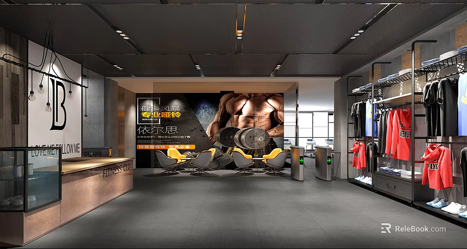 Fitness Gym Interior With Muscular Man Poster And Workout Equipment Setup 3d model 