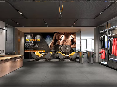 Fitness Gym Interior With Muscular Man Poster And Workout Equipment Setup 3d model