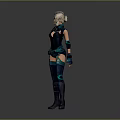 Game Movie Character With Blonde Hair Dark Green Blue Tight Outfit Wrist Guards Long Boots