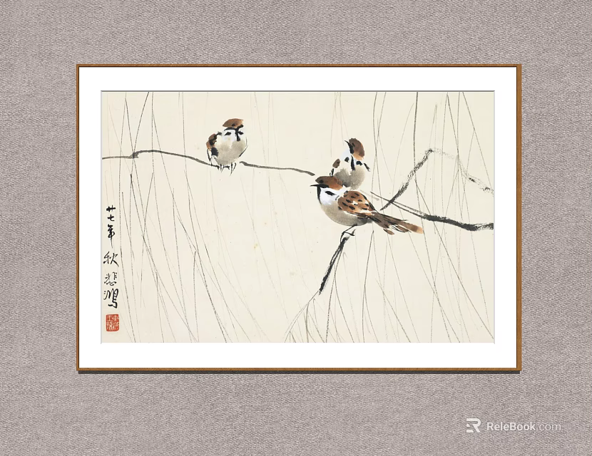 Traditional Chinese Animal Painting With Sparrows On Willow Branches And Calligraphy 3d model 