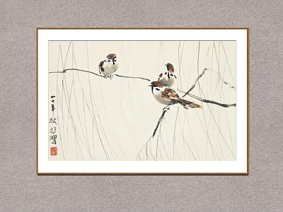 Traditional Chinese Animal Painting With Sparrows On Willow Branches And Calligraphy 3d model