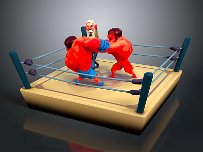 Game Movie Characters Fighting In Wrestling Ring With Referee And Red Muscular Figures 3d model