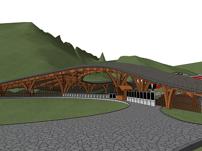 Entrance Gate with Wooden Curved Roof and Green Mountain Backdrop and Stone Paved Path 3d model