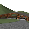Entrance Gate with Wooden Curved Roof and Green Mountain Backdrop and Stone Paved Path