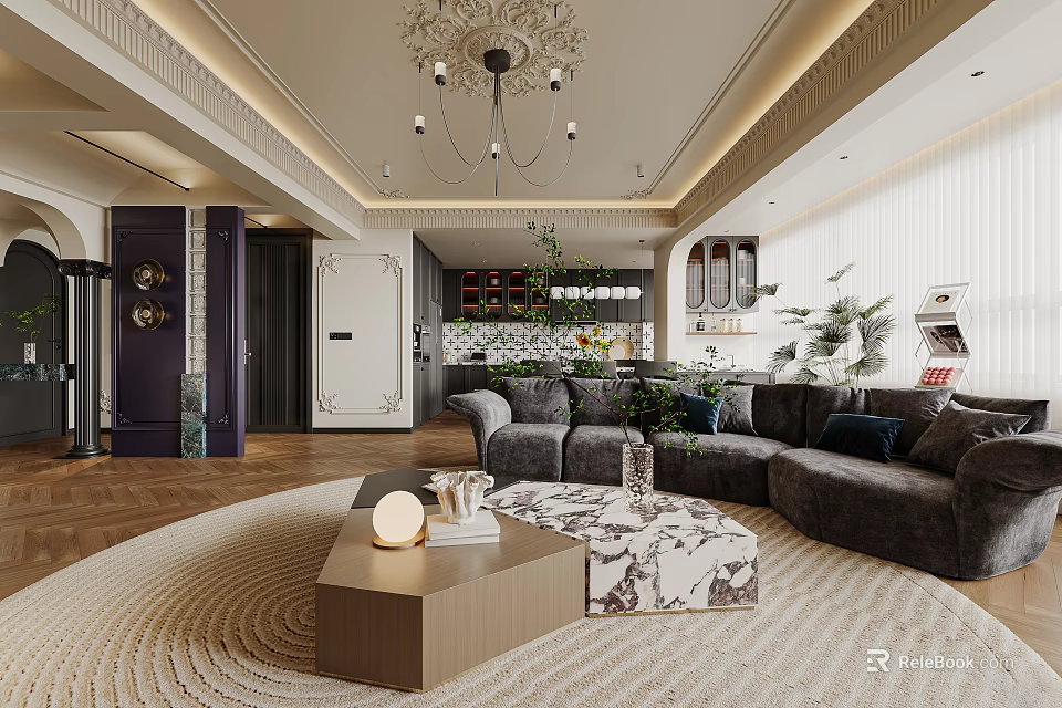 Luxurious Modern Living Dining Room Interior With Dark Sofa Marble Coffee Table Chandelier And Plants 3d model 