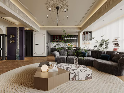 Luxurious Modern Living Dining Room Interior With Dark Sofa Marble Coffee Table Chandelier And Plants 3d model