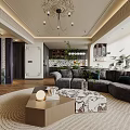 Luxurious Modern Living Dining Room Interior With Dark Sofa Marble Coffee Table Chandelier And Plants