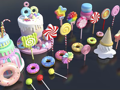 Colorful Desserts Collection With Cakes Donuts Lollipops And Ice Cream Cones 3d model