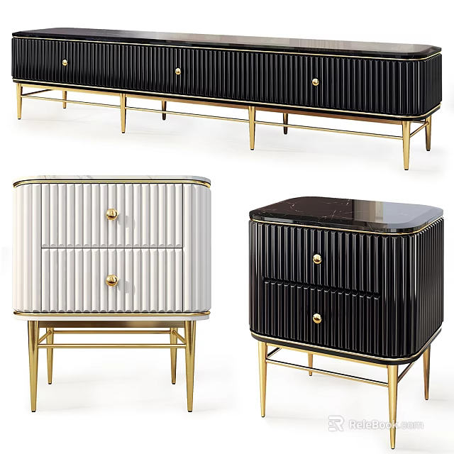 Modern Chest of Drawers Collection with Vertical Striped Design and Gold Metal Legs 3d model 