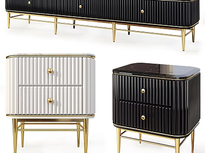 Modern Chest of Drawers Collection with Vertical Striped Design and Gold Metal Legs 3d model
