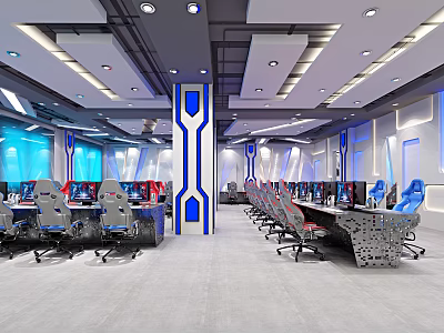 Modern Cyber Cafe Interior With Gaming Chairs Multiple Computers And Stylish LED Lighting 3d model