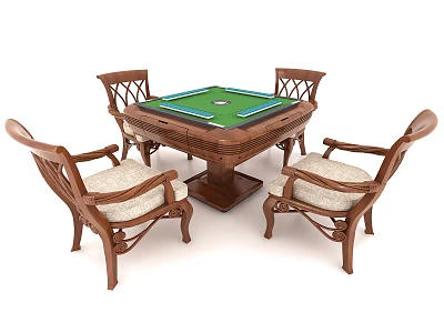 Wooden Entertainment Table With Green Game Surface And Four Woven Backrest Chairs 3d model