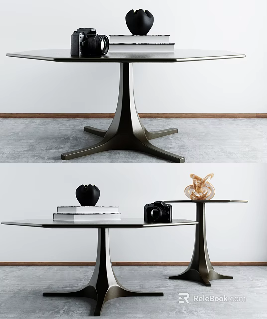 Modern Coffee Table With Metal Pedestal Base And Smooth Top Featuring Books Camera And Decorative Items 3d model 