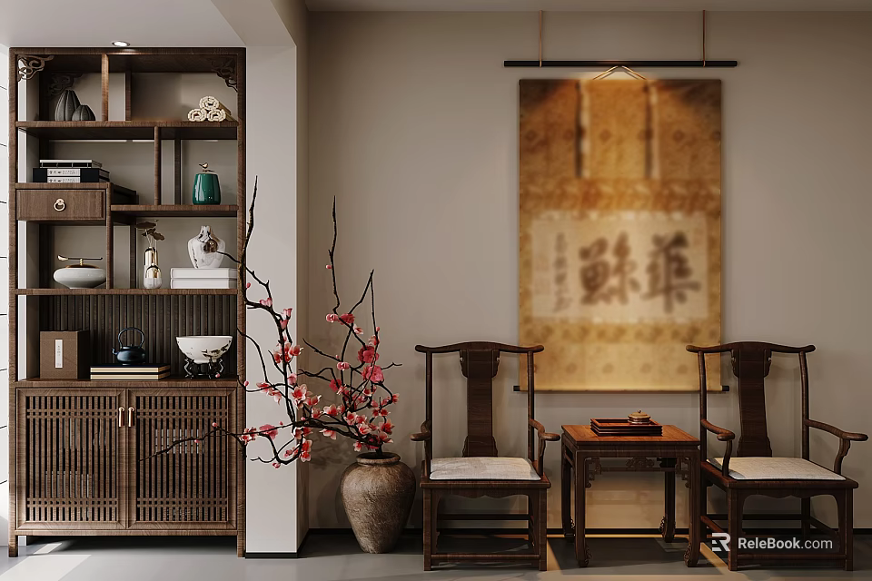Chinese Style Single Chair With Calligraphy Scroll And Plum Blossom Vase 3d model 