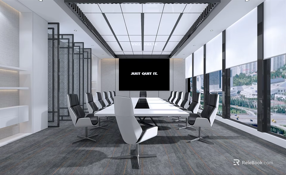 Modern Conference Room Interior With Long Table Black White Chairs Large Screen And Bright Ceiling 3d model 