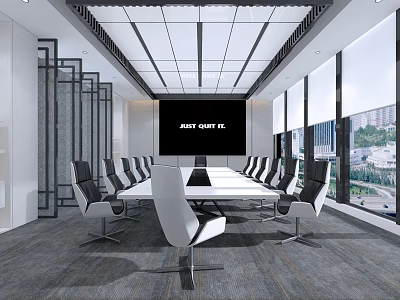 Modern Conference Room Interior With Long Table Black White Chairs Large Screen And Bright Ceiling 3d model