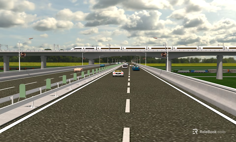Highway Road Facilities With Guardrails Overpass Vehicles And Green Fields Under Cloudy Sky 3d model