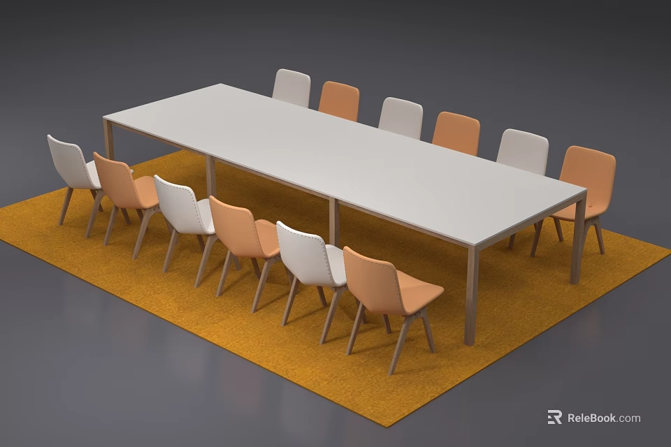 Modern Conference Table with White and Orange Chairs on Yellow Carpet 3d model 