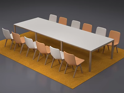 Modern Conference Table with White and Orange Chairs on Yellow Carpet 3d model