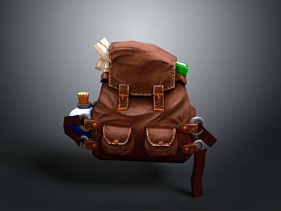 Vintage Brown Leather Backpack with Multiple Pockets Rolled Paper and Small Bottles 3d model