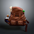 Vintage Brown Leather Backpack with Multiple Pockets Rolled Paper and Small Bottles