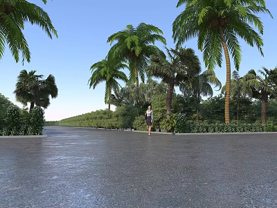 Road Facilities Featuring Asphalt Pavement Lined with Palm Trees Green Plants and Blue Sky 3d model