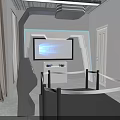 Modern Tech Commercial Equipment Display Area With Large Screen White Display Stand And Black Guardrail