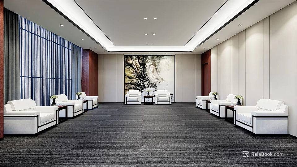 Spacious Hotel Public Lounge With White Sofas Gray Carpet And Landscape Painting 3d model 