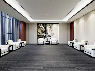 Spacious Hotel Public Lounge With White Sofas Gray Carpet And Landscape Painting 3d model