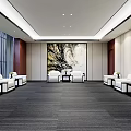 Spacious Hotel Public Lounge With White Sofas Gray Carpet And Landscape Painting