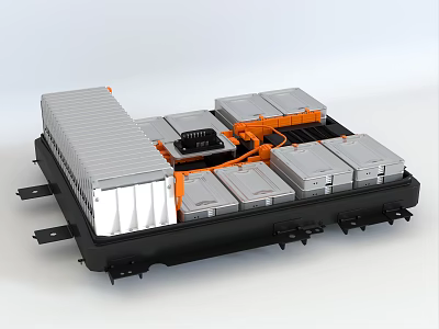 Electric Vehicle Battery Pack With Multiple Modules Orange Cables And Black Metal Base Frame 3d model