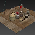 Traditional Kitchen Utensils With Wicker Baskets Clay Jars Chopsticks And Fu Tags On Wooden Floor